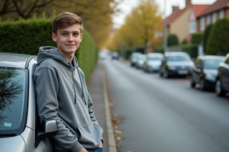Jeune garçon décontracté près d'une petite voiture dans un quartier résidentiel