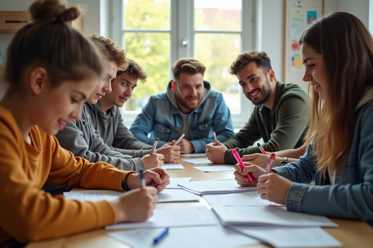 Groupe de jeunes remplissant formulaire pour permis de conduire