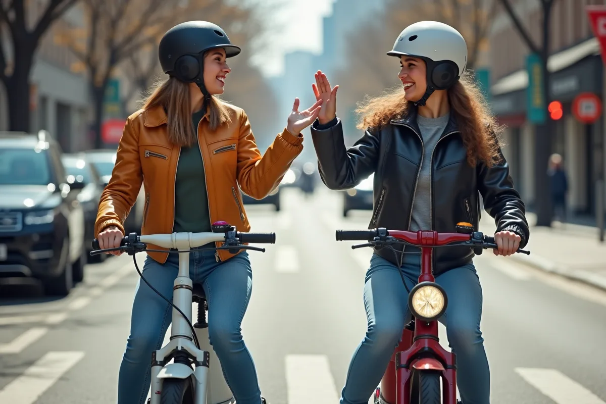 Deux jeunes femmes saluant en scooter en ville