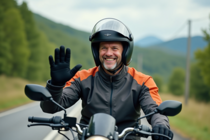 Motard souriant en moto sur route de campagne