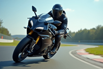 Jeune homme en combinaison de course moto sur circuit