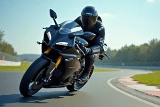 Jeune homme en combinaison de course moto sur circuit