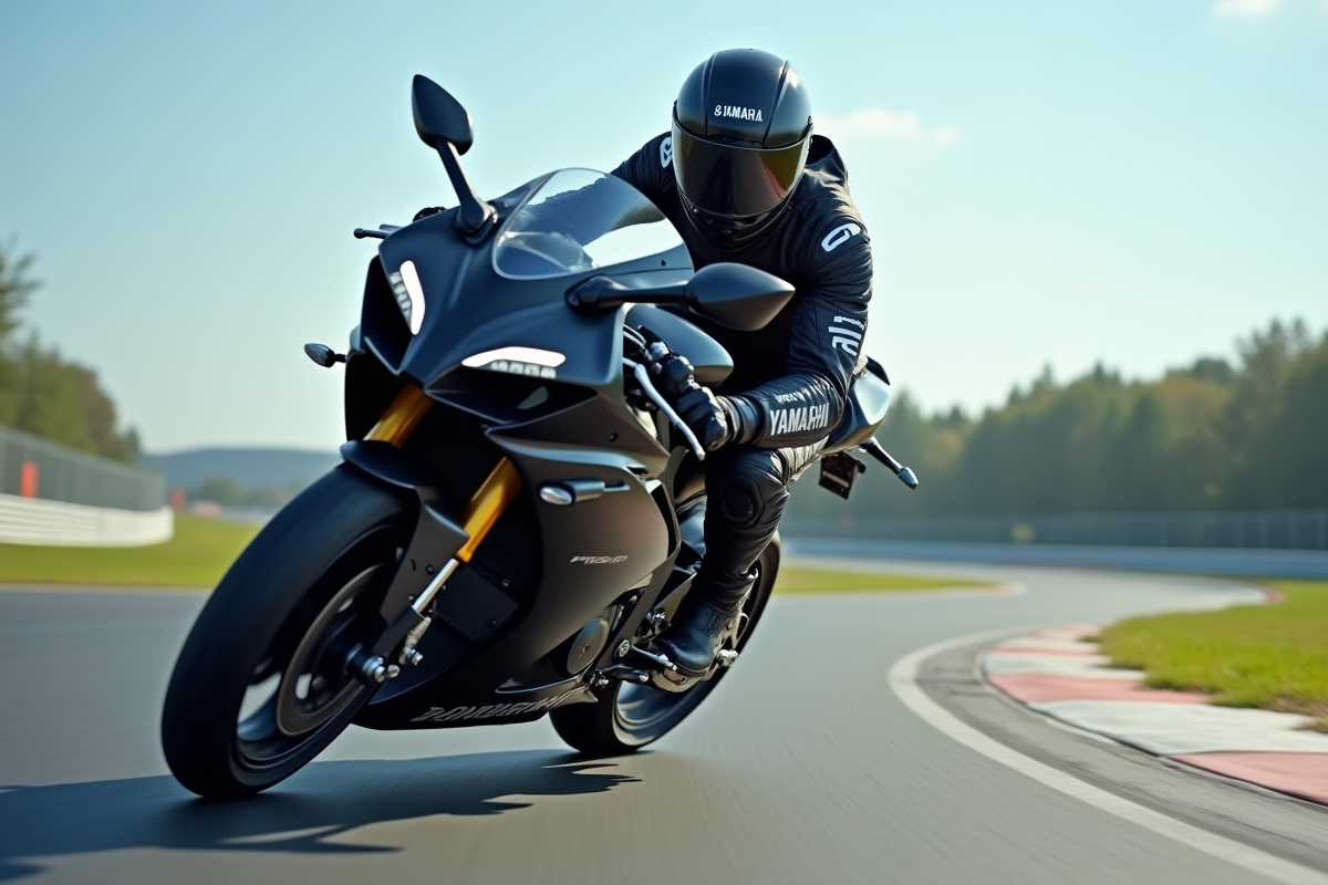 Jeune homme en combinaison de course moto sur circuit