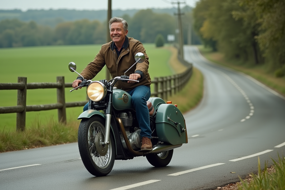 Homme d'âge moyen en moto vintage dans la campagne