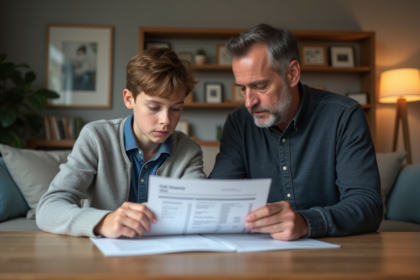 Père et fils examinant documents d'assurance voiture à la maison