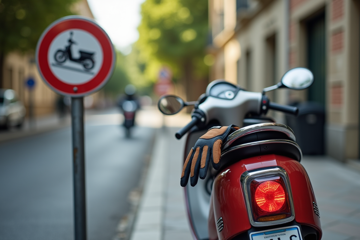 Scooter garé avec plaque et gants sur siège en extérieur