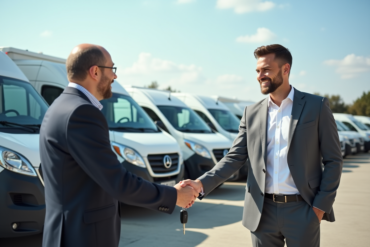 Vendeur souriant remettant les clés à un propriétaire de petite entreprise devant des utilitaires d'occasion