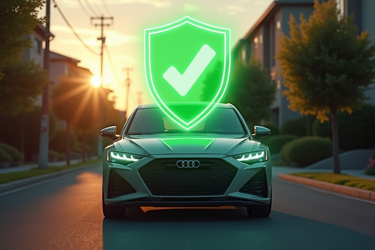 Voiture avec un hologramme de bouclier vert et coche en sécurité au matin